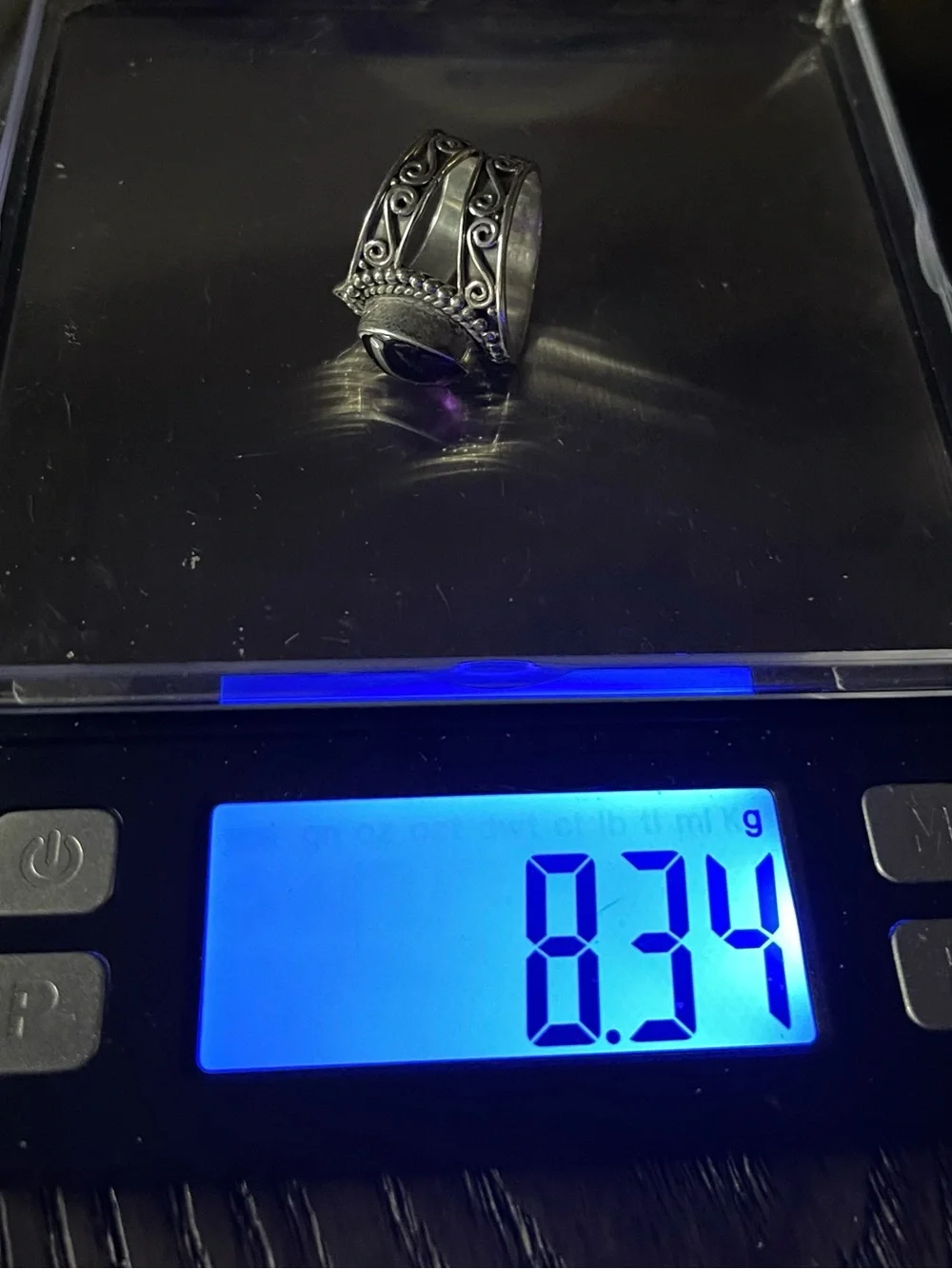 Vtg  SS  oval, amethyst statement, ring size 7 Boho wide band.   8.34  grams
